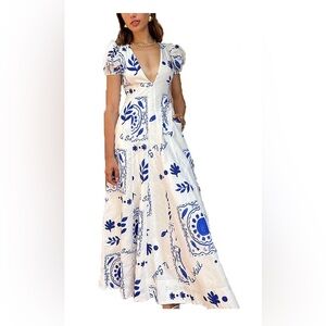 Elegant Blue and White Printed Dress